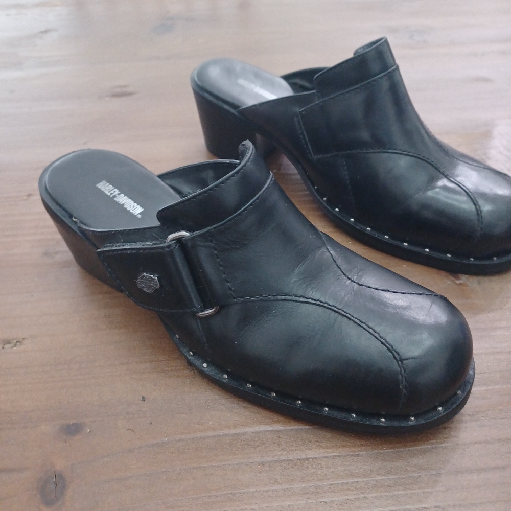 HARLEY-DAVIDSON Black Leather Clogs Mules Slip On Motorcycle Shoes Size 6 83240.